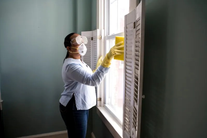 professional home cleaning service worker disinfecting window with safety equipment