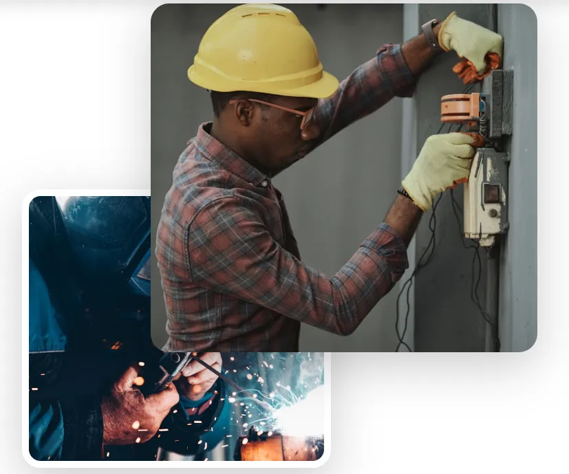 Electrician installing and repairing an electrical panel while another worker performs welding with sparks in an industrial setting